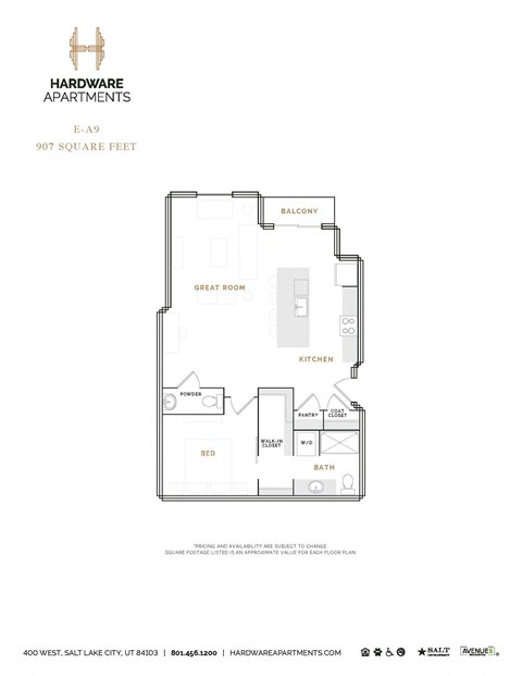 Floor plan for 1 bed, 1.5 baths, 963 sqft